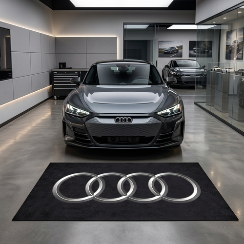 Audi four rings garage floor mat, 5x7 ft (60x87"), iconic chrome silver Audi four rings emblem on black background with dimensions shown.

