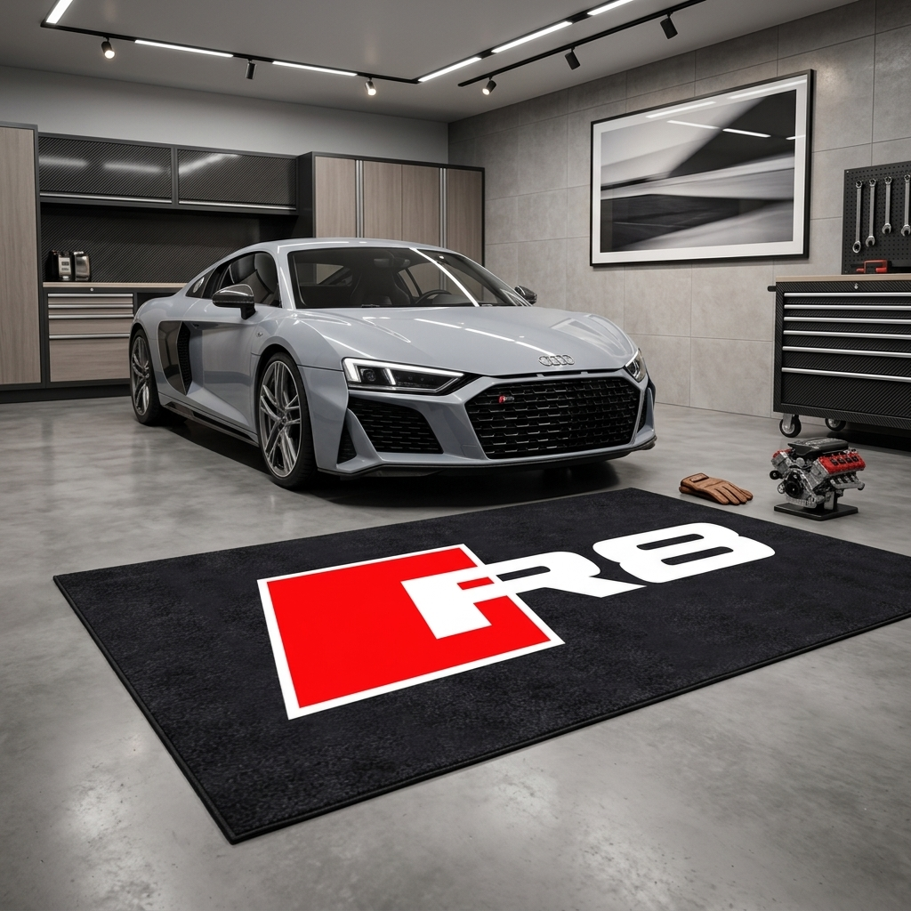 Audi R8 garage floor mat, 5x7 ft (60x87"), bold red and white R8 logo on black background with dimensions shown.