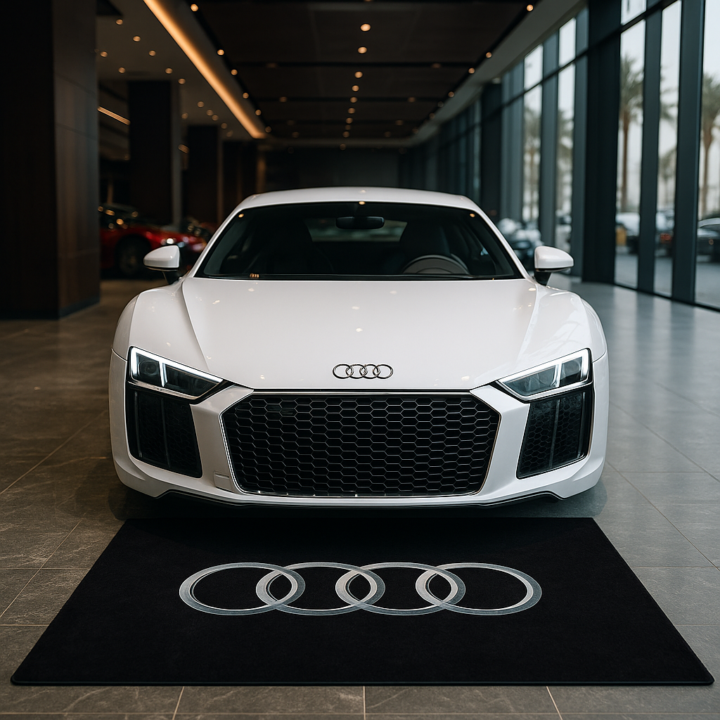 Large Audi logo floor rug, 5x7 feet, with non-slip backing shown in a minimalist modern garage.