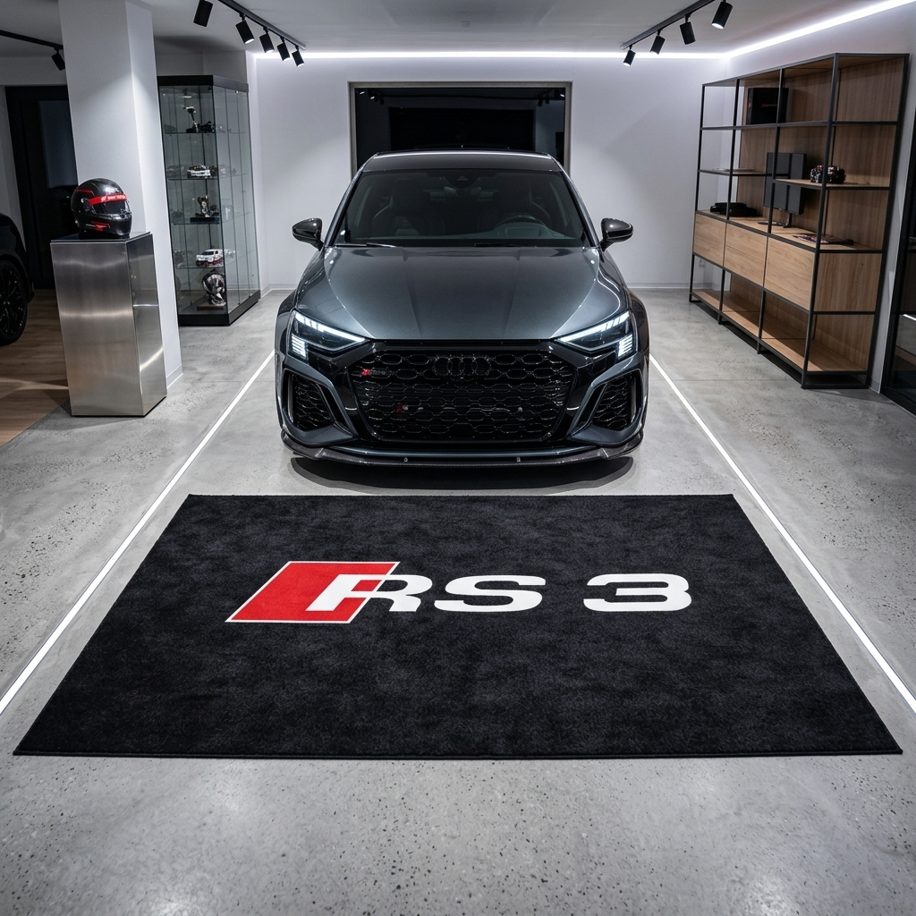 Audi RS3 garage floor mat, 5x7 ft (60x87"), bold red and white RS3 logo on black background with dimensions shown.