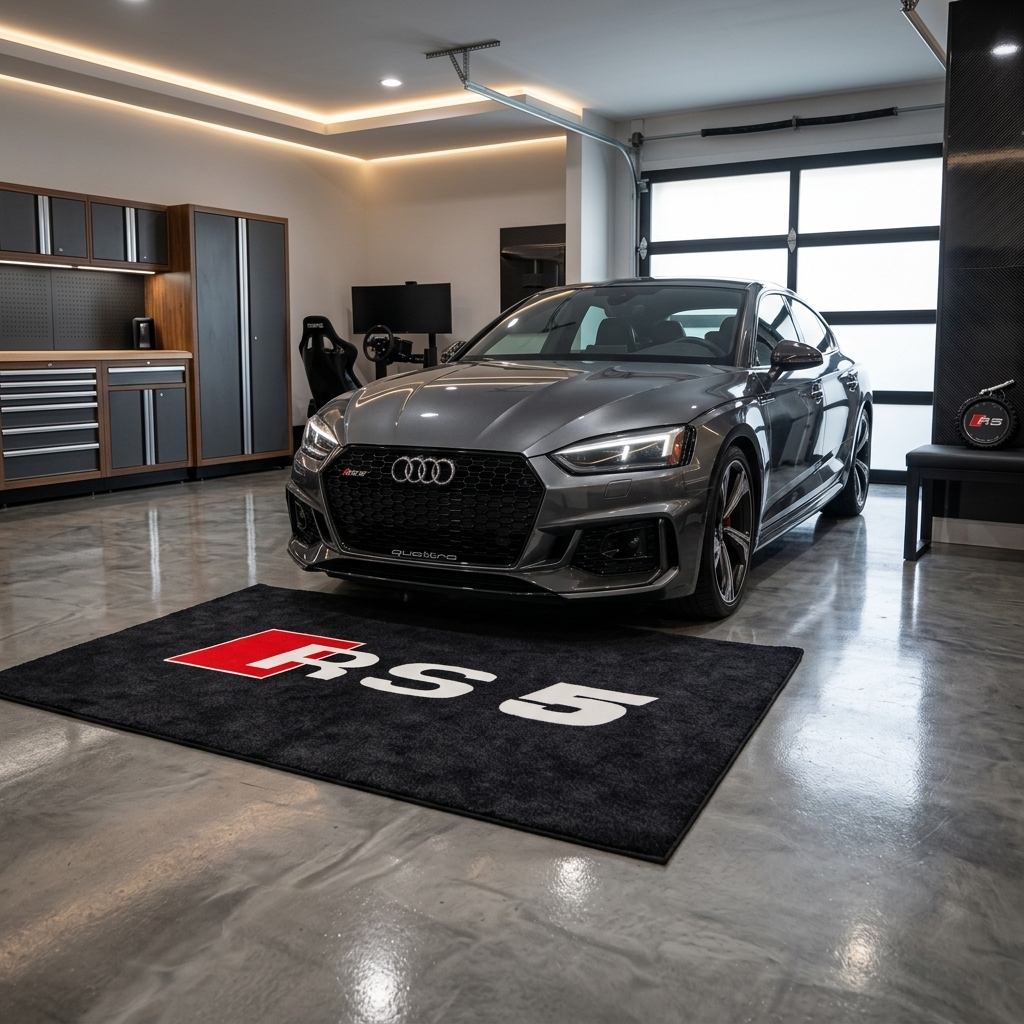 Audi RS5 garage floor mat, 5x7 ft (60x87"), bold red and white RS5 logo on black background with dimensions shown.