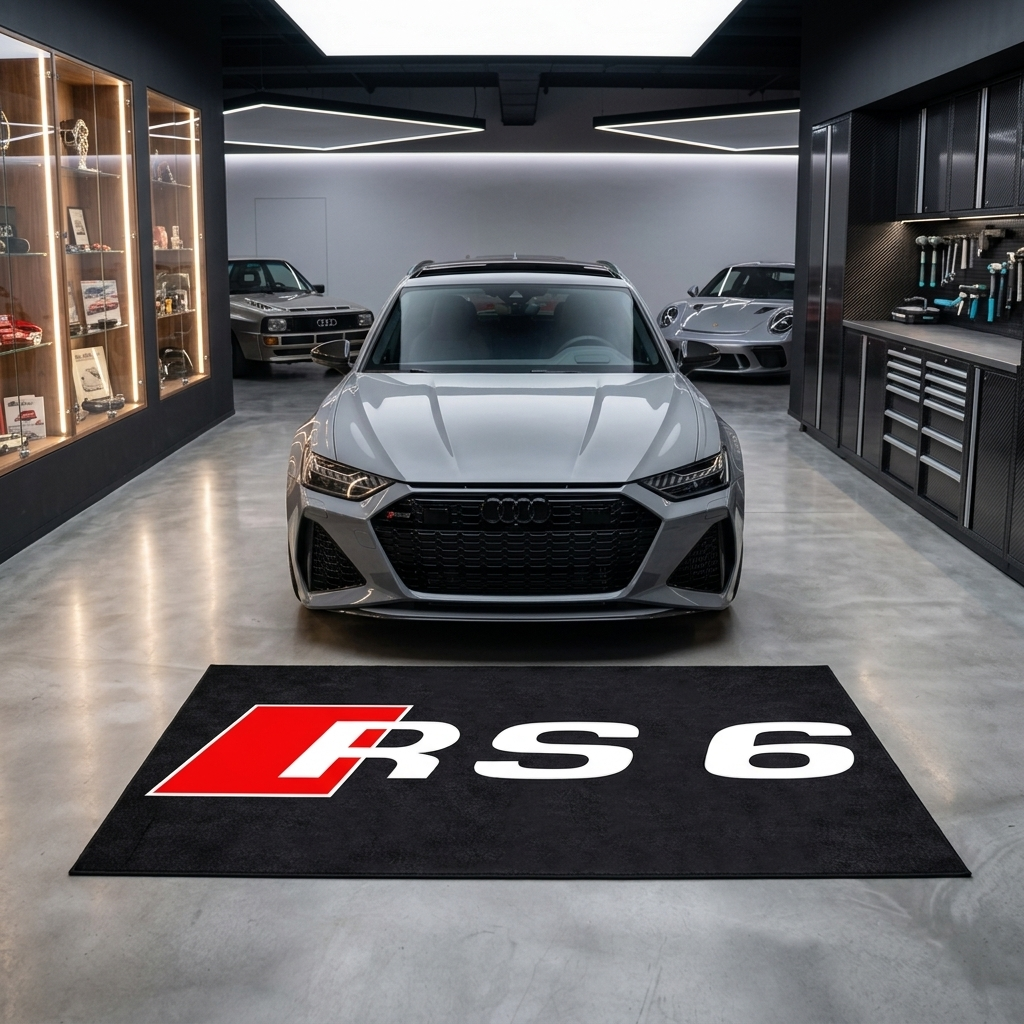 Audi RS6 garage floor mat, 5x7 ft (60x87"), bold red and white RS6 logo on black background with dimensions shown.