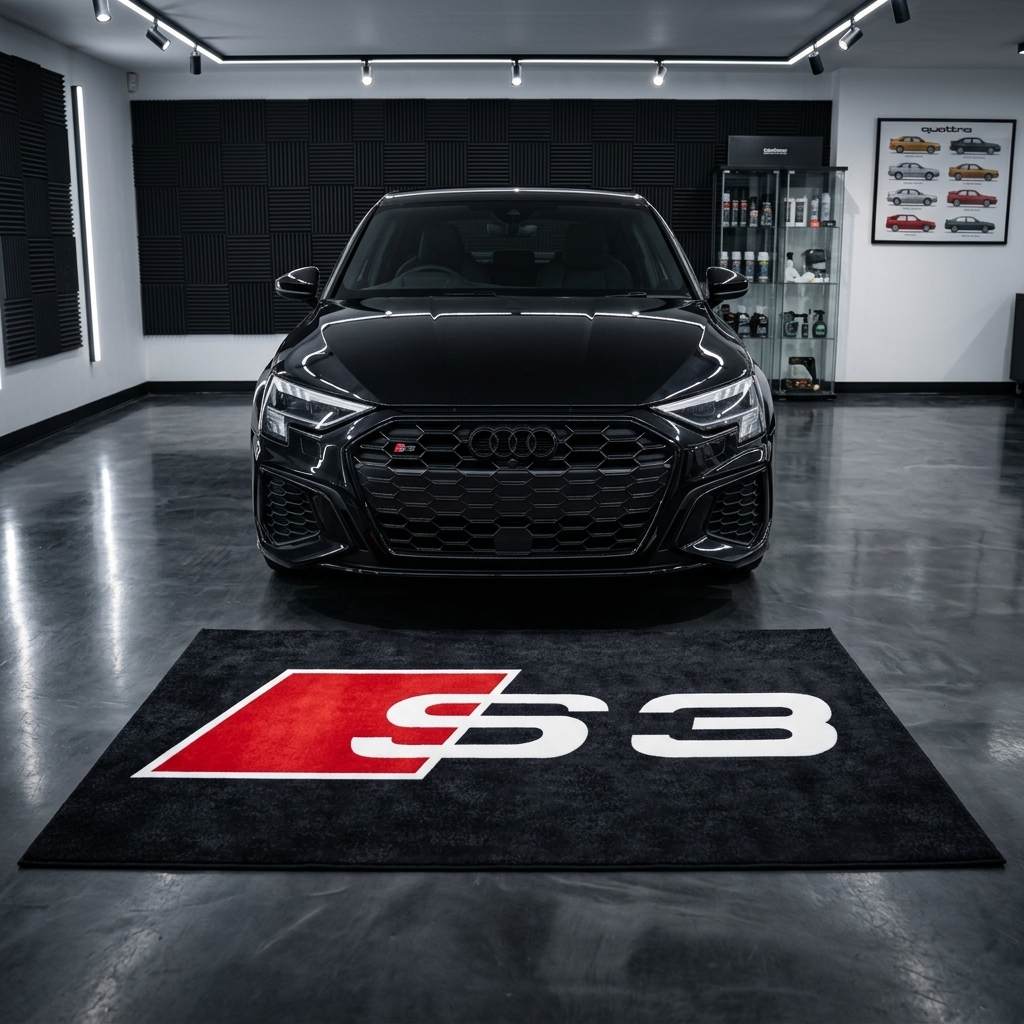 Audi S3 garage floor mat, 5x7 ft (60x87"), bold red and white S3 logo on black background with dimensions shown.
