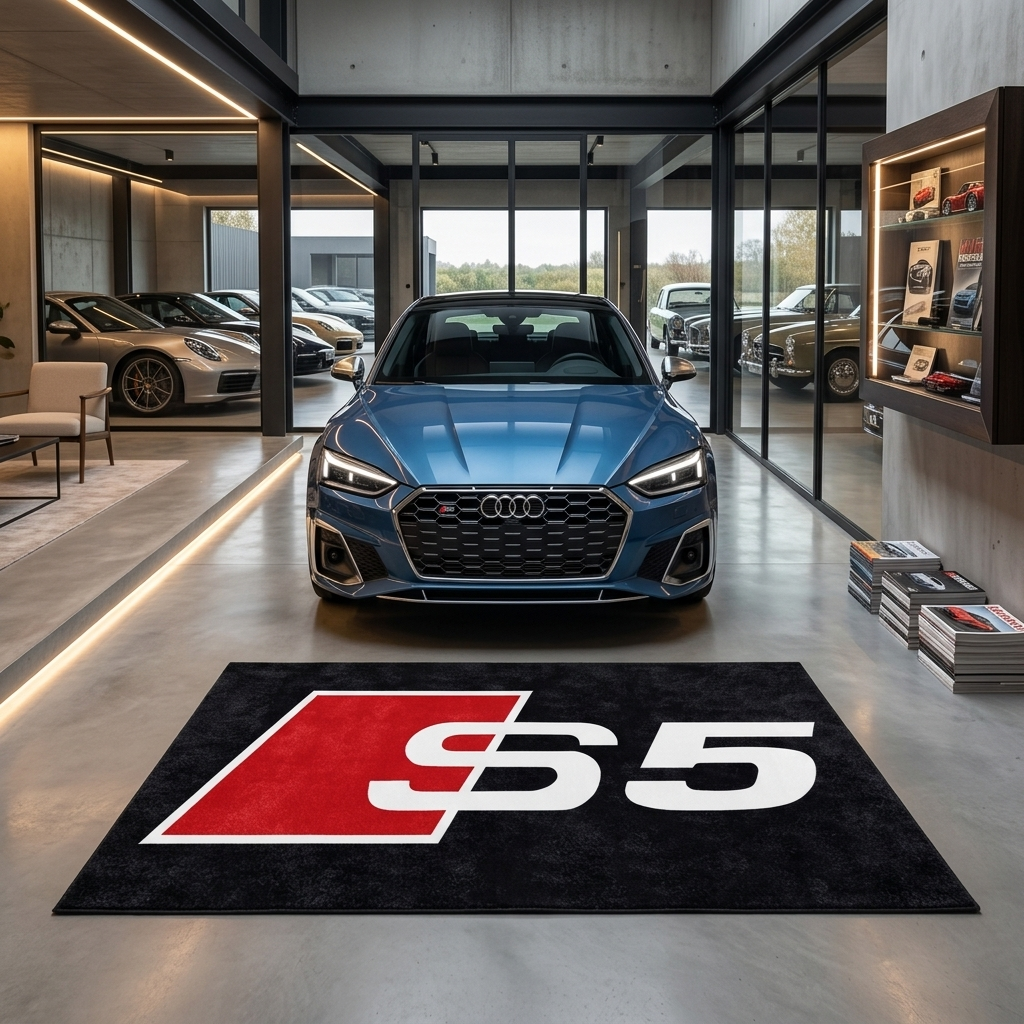 Audi S5 garage floor mat, 5x7 ft (60x87"), bold red and white S5 logo on black background with dimensions shown.
