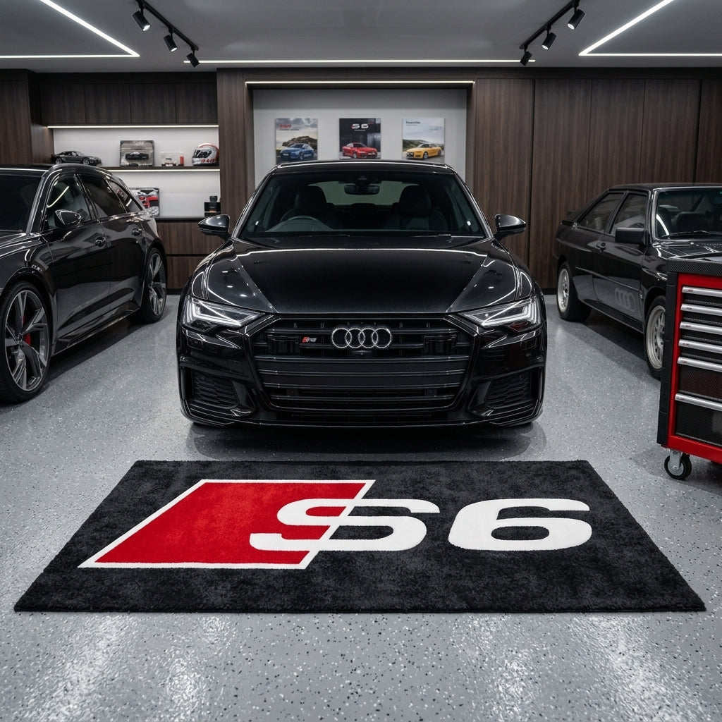 Audi S6 garage floor mat, 5x7 ft (60x87"), bold red and white S6 logo on black background with dimensions shown.