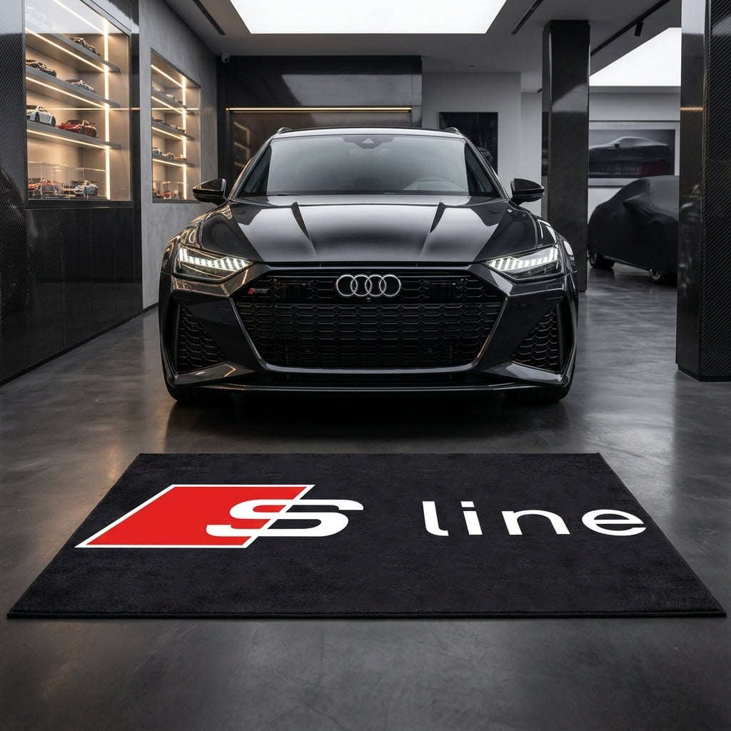 Audi S line garage floor mat, 5x7 ft (60x87"), bold red and white S line logo on black background with dimensions shown.