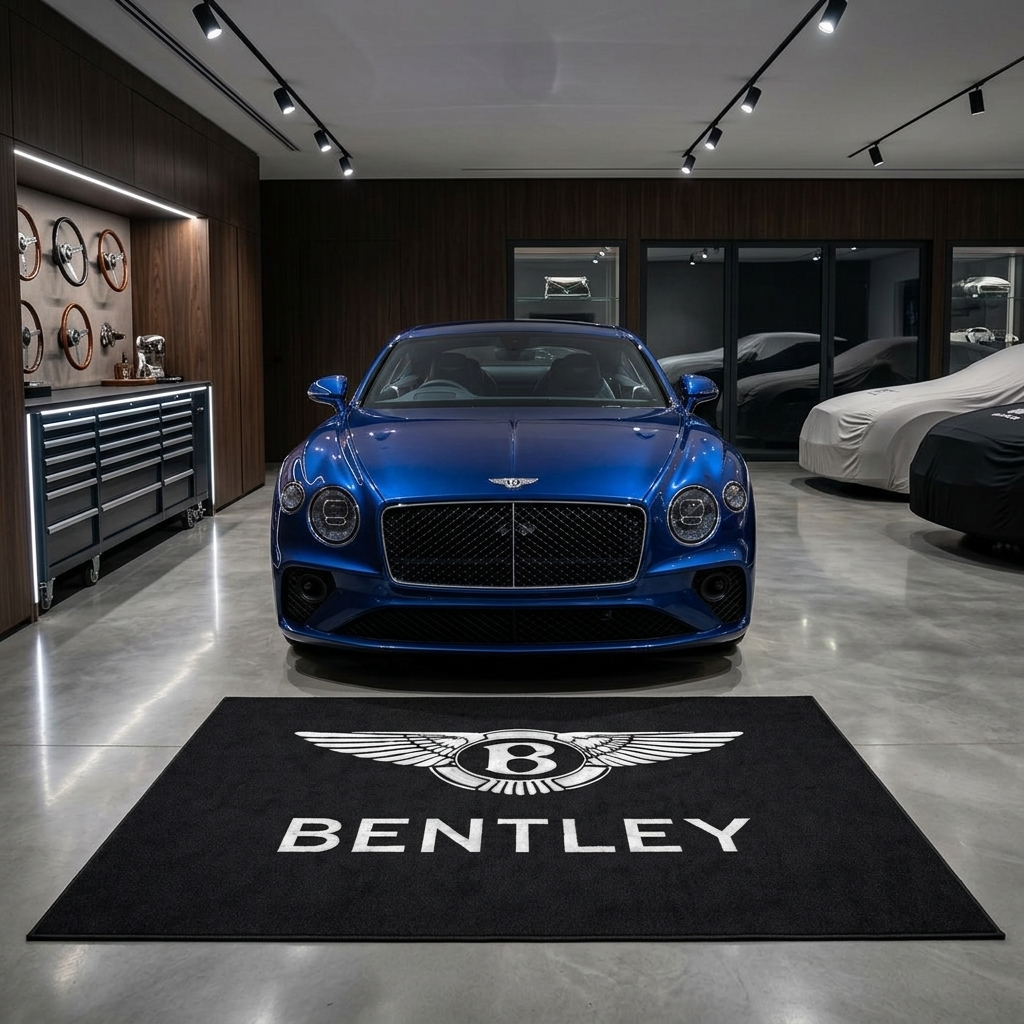 Bentley garage floor mat, 5x7 ft (60x87"), silver-white Bentley winged B crest and wordmark on black background with dimensions shown.