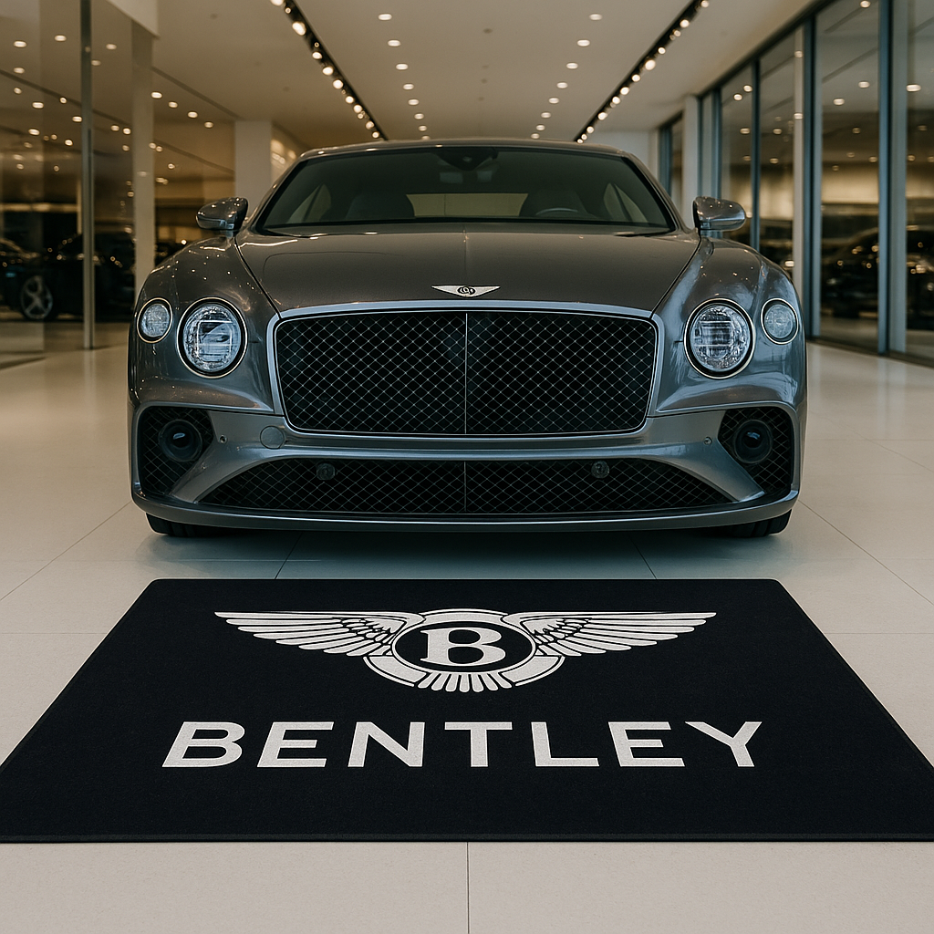 Premium Bentley Motors winged logo floor rug, 5x7 feet (60x87"), with non-slip backing in a luxury car gallery.