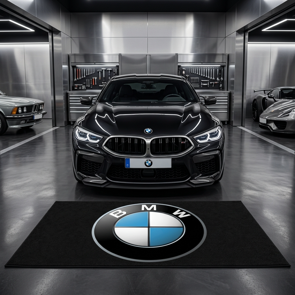 BMW garage floor mat, 5x7 ft (60x87"), iconic BMW roundel emblem in blue white and black on black background with dimensions shown.
