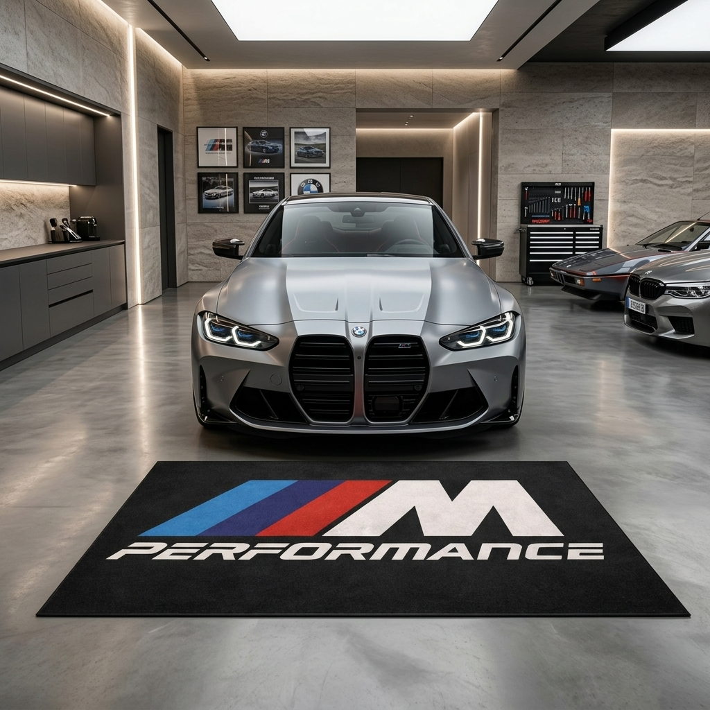 BMW M Performance garage floor mat, 5x7 ft (60x86"), bold tricolor M Performance logo on black background with dimensions shown.