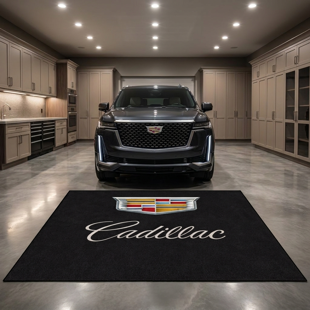 Cadillac garage floor mat, 5x7 ft (60x87"), full-color Cadillac crest shield and script wordmark on black background with dimensions shown.