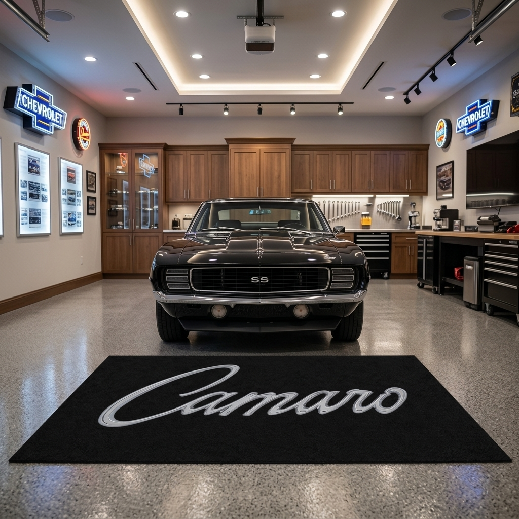 Camaro classic script garage floor mat, 5x7 ft (60x87"), iconic chrome cursive Camaro script emblem on black background with dimensions shown.