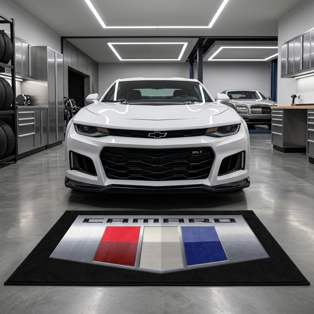 Chevrolet Camaro garage floor mat, 5x7 ft (60x87"), brushed silver Camaro shield with red white and blue panels and CAMARO wordmark on black background with dimensions shown.
