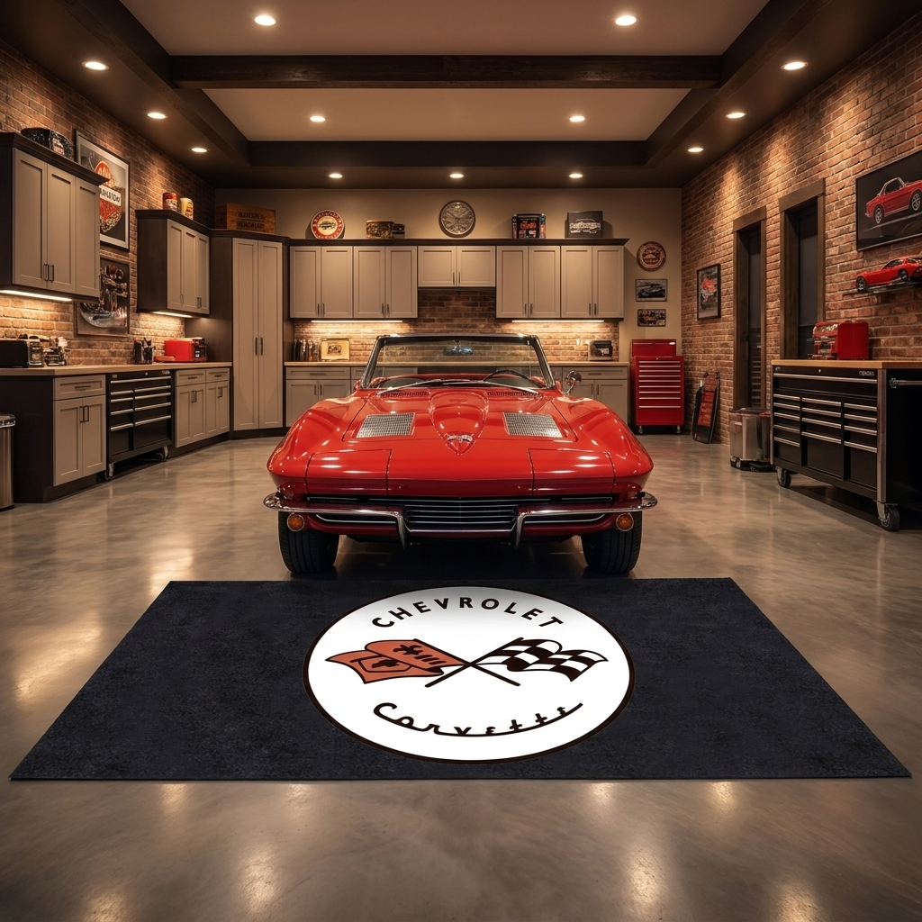 Corvette C2 garage floor mat, 5x7 ft (60x87"), classic C2 crossed flags roundel in red, white and black on charcoal background with dimensions shown.