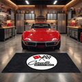 Corvette C3 Sting Ray garage floor mat, 5x7 ft (60x87"), classic C3 crossed flags roundel with Sting Ray badge in red, black and white on charcoal background with dimensions shown.