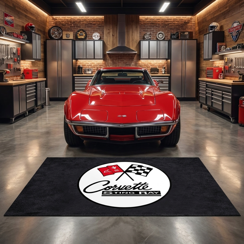 Corvette C3 Sting Ray garage floor mat, 5x7 ft (60x87"), classic C3 crossed flags roundel with Sting Ray badge in red, black and white on charcoal background with dimensions shown.