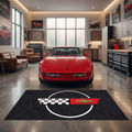 Corvette C4 garage floor mat, 5x7 ft (60x87"), C4 crossed flags emblem with gold bowtie in red black and white framed in circle on charcoal background with dimensions shown.