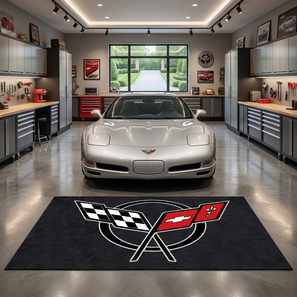 Corvette C5 garage floor mat, 5x7 ft (60x87"), C5 crossed flags emblem with double-ring circle in red black and white on charcoal background with dimensions shown.