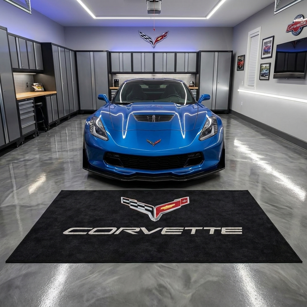 Corvette C7 garage floor mat, 5x7 ft (60x75"), C7 crossed flags emblem and CORVETTE wordmark in red silver and gold on black background with dimensions shown.