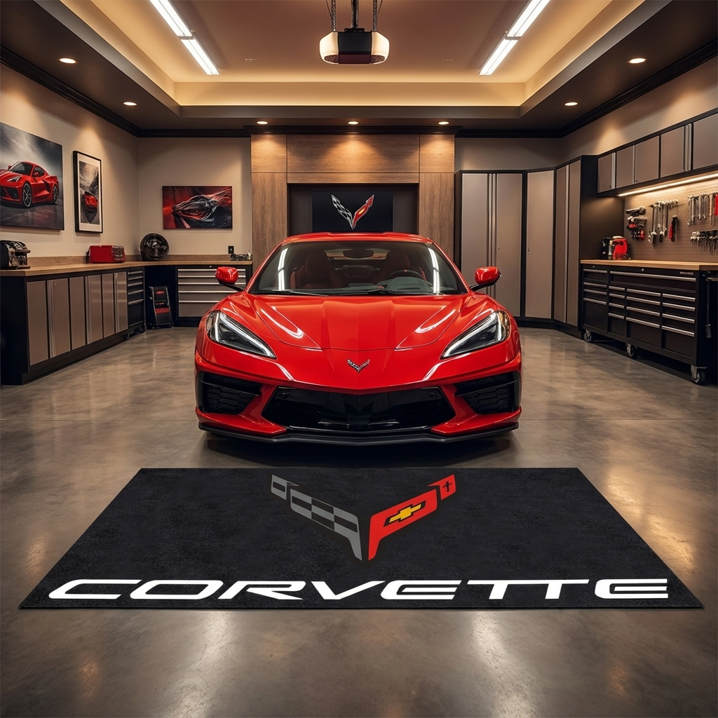 Corvette C8 garage floor mat, 5x7 ft (60x87"), C8 crossed flags emblem and CORVETTE wordmark in red gold and charcoal on black background with dimensions shown.