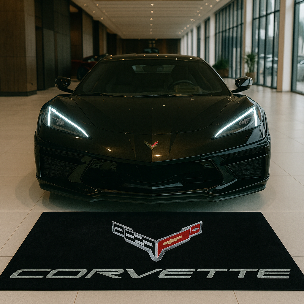 Large black Corvette logo floor mat with non-slip backing, size 60x87 inches, displayed in a modern garage showroom.