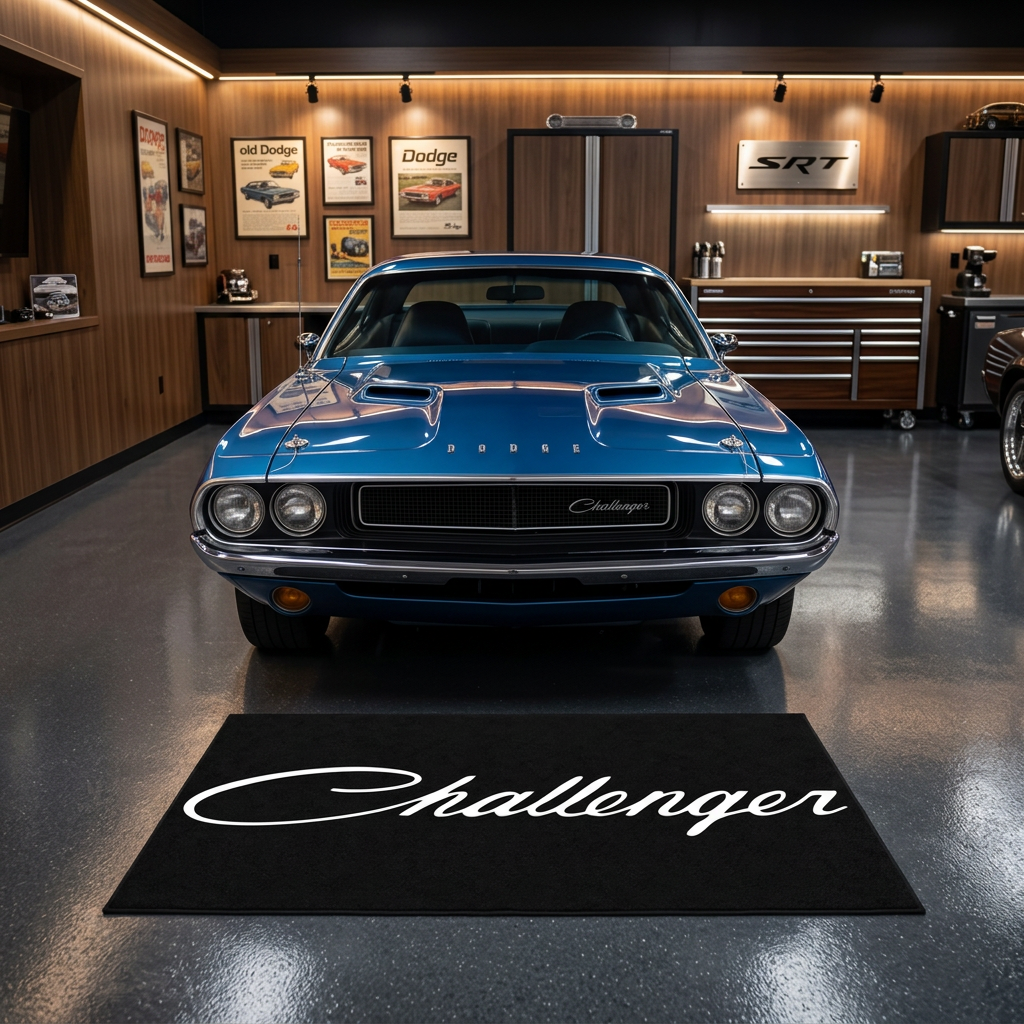 Dodge Challenger garage floor mat, 5x7 ft (60x87"), iconic Challenger cursive script wordmark in white on black background with dimensions shown.
