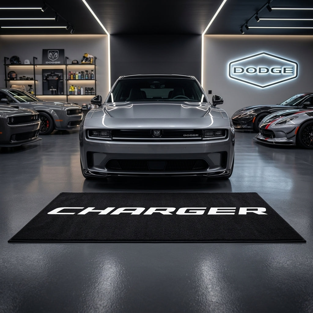Dodge Charger garage floor mat, 5x7 ft (60x87"), bold CHARGER wordmark in white on black background with dimensions shown.