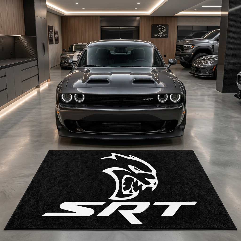 Dodge SRT Hellcat garage floor mat, 5x7 ft (60x87"), snarling Hellcat head emblem and SRT wordmark in white on black background with dimensions shown.