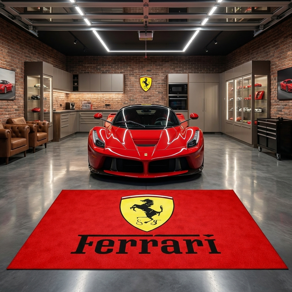 Ferrari Scuderia garage floor mat, 5x7 ft (60x87"), yellow Prancing Horse shield and Ferrari wordmark on Rosso Corsa red background with dimensions shown.