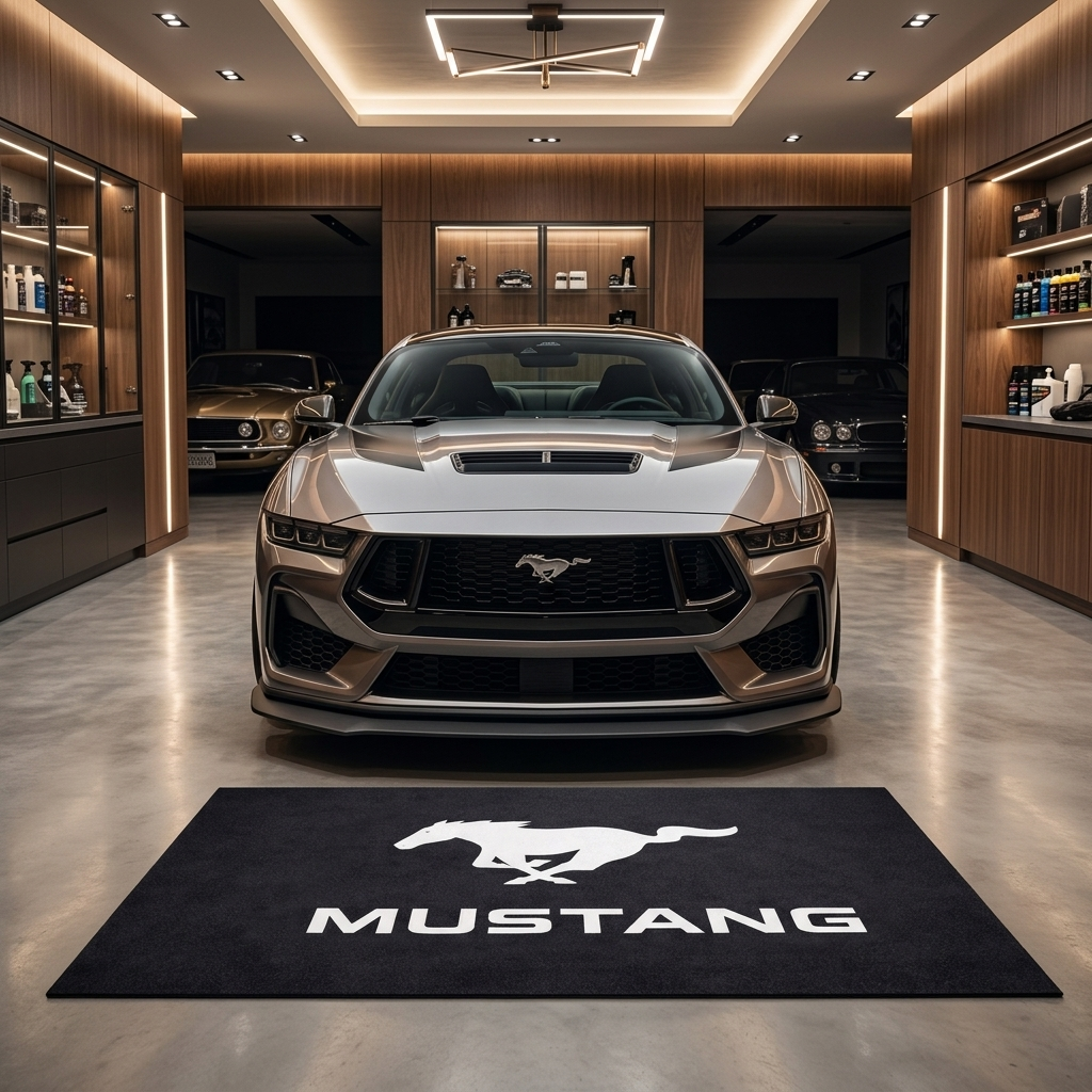 Ford Mustang garage floor mat, 5x7 ft (60x87"), iconic running pony emblem and MUSTANG wordmark in white on black background with dimensions shown.