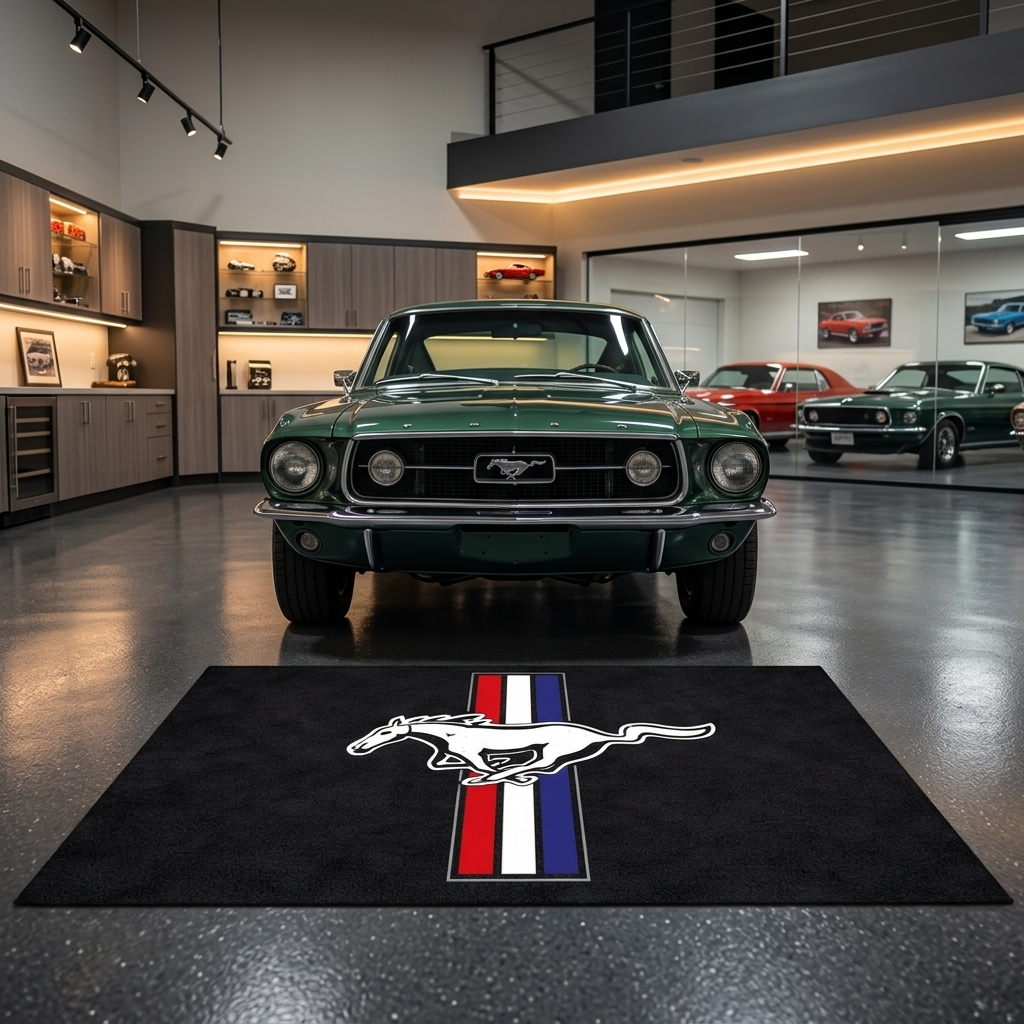 Ford Mustang tri-bar garage floor mat, 5x7 ft (60x87"), classic running pony with red white and blue tri-bar stripes on black background with dimensions shown.
