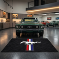 Ford Mustang tri-bar garage floor mat, 5x7 ft (60x87"), classic running pony with red white and blue tri-bar stripes on black background with dimensions shown.