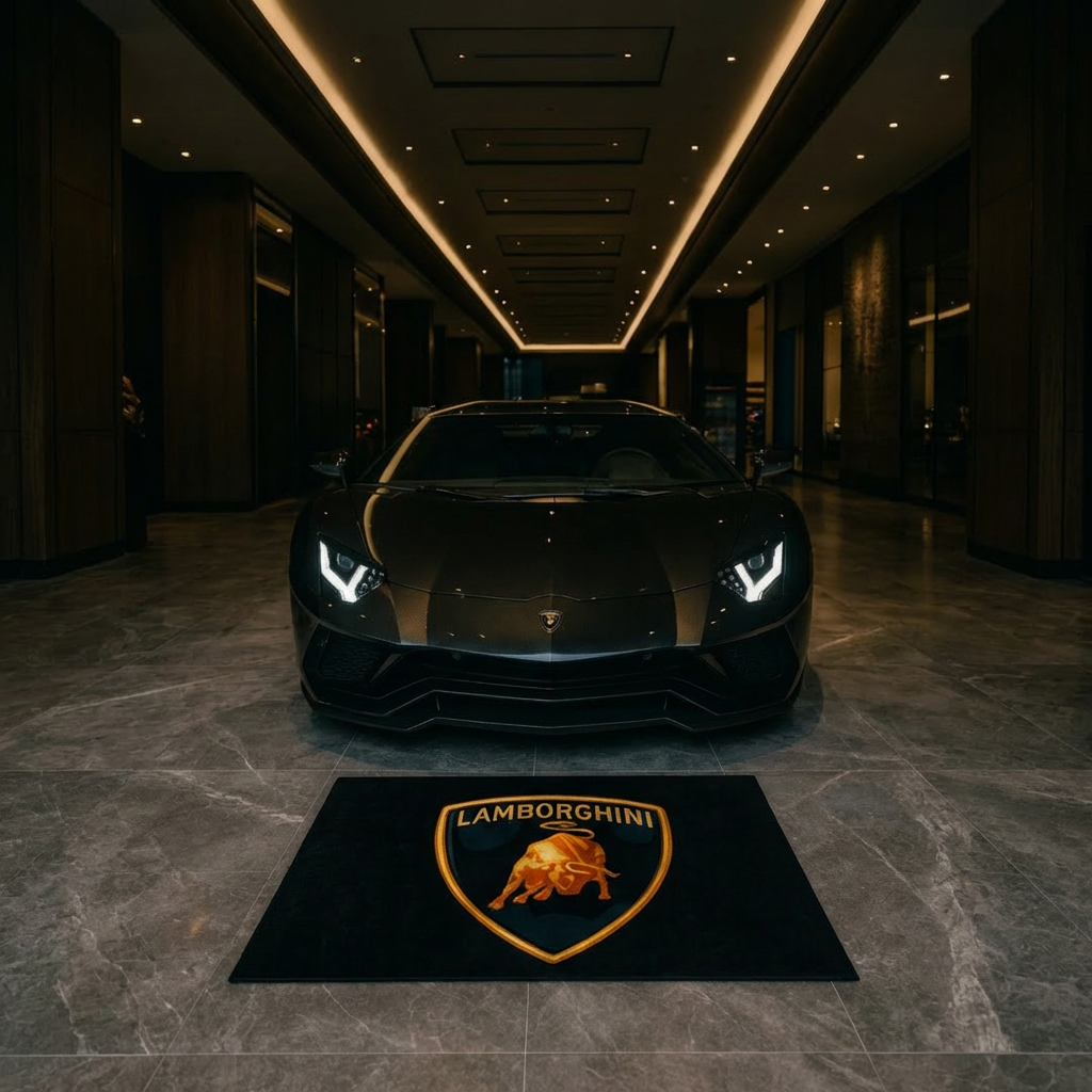 Lamborghini Bull Logo Exotic Garage Floor Mat - 5x7 ft (60x87") Premium Non-Slip Supercar Rug & Wall Decor