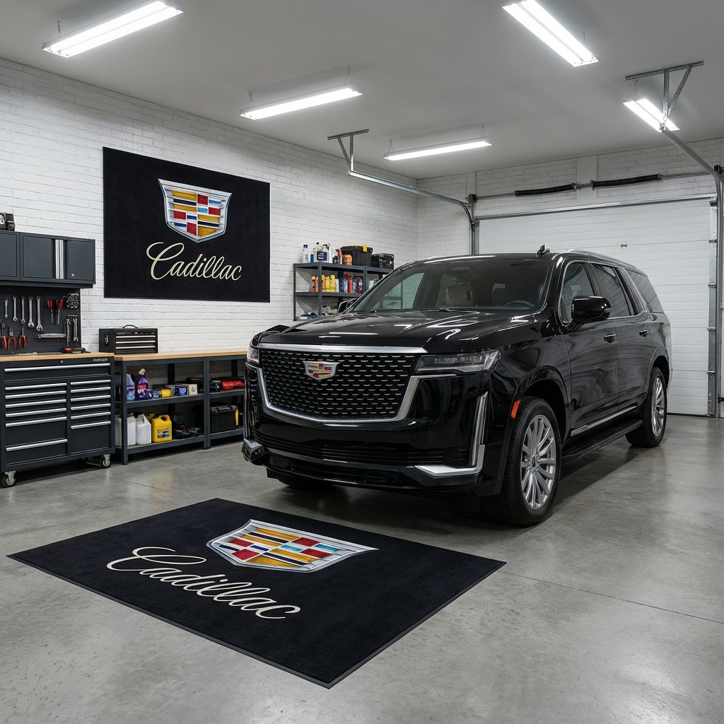 Cadillac Crest Luxury Garage Floor Mat - 5x7 ft (60x87") Premium Non-Slip Showroom Rug & Wall Decor