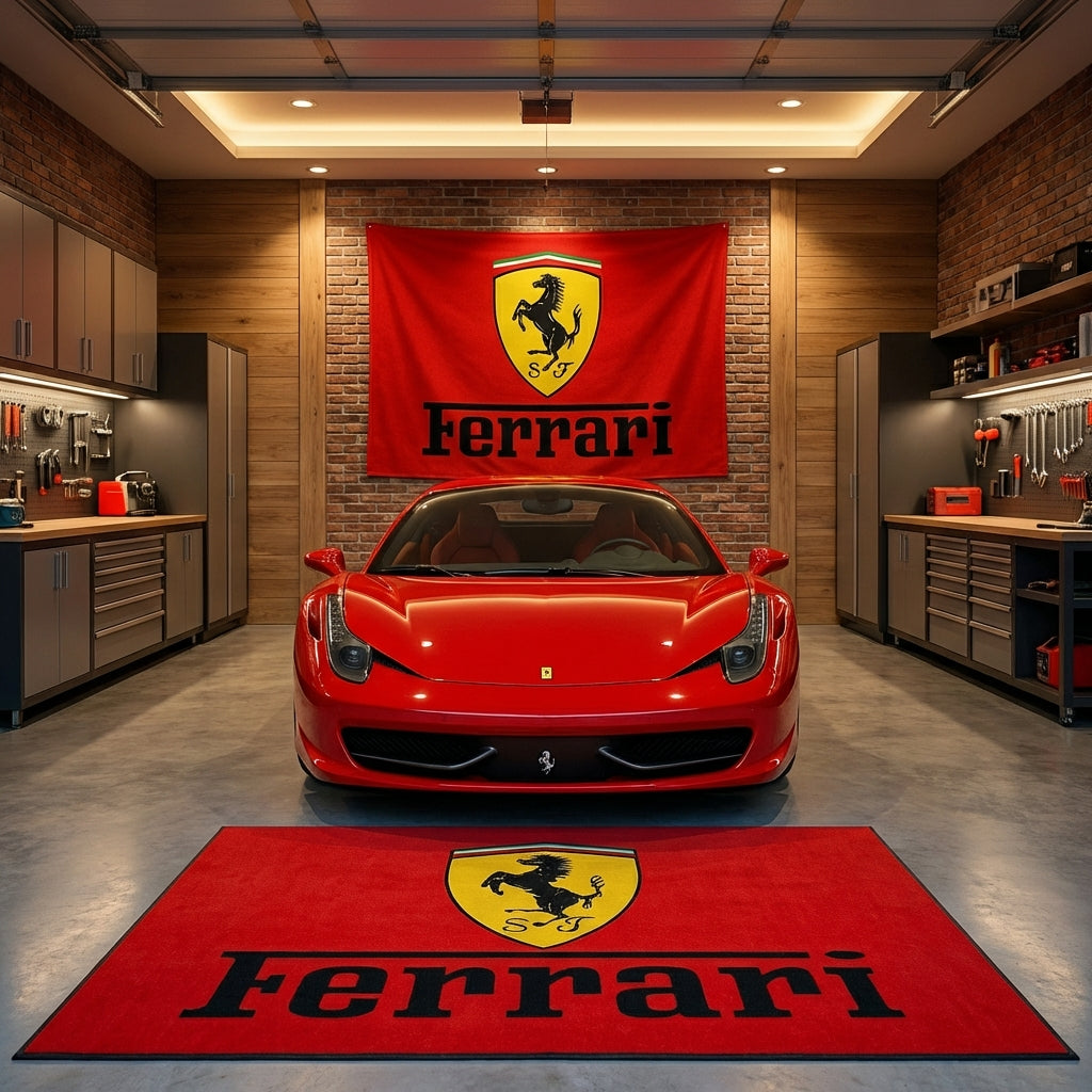Ferrari Garage Floor Mat - 5x7 ft (60x87") Premium Non-Slip Racing Rug & Wall Decor
