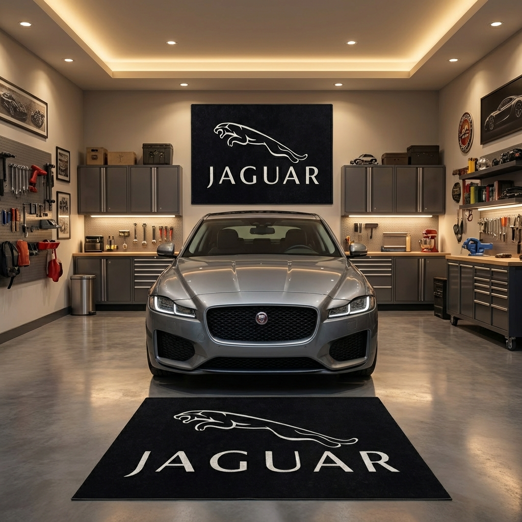 Jaguar Leaper Logo Premium Garage Floor Mat - 5x7 ft (60x87") Non-Slip Luxury Area Rug & Wall Decor