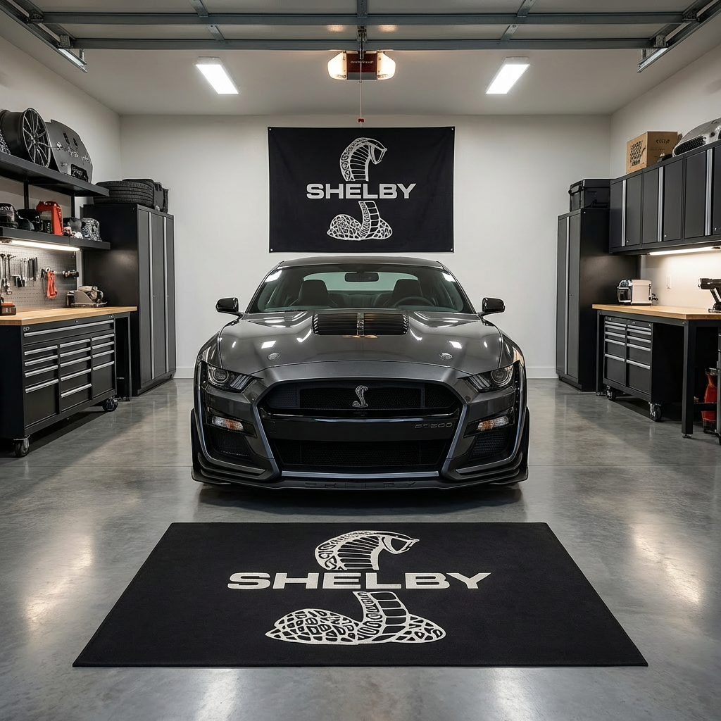 Mustang Shelby Cobra Logo Garage Floor Mat - 5x7 ft (60x87") Premium Non-Slip Muscle Car Rug & Wall Decor