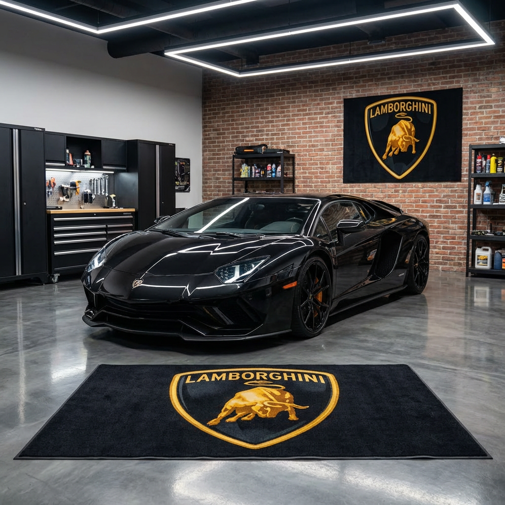 Lamborghini Bull Logo Exotic Garage Floor Mat - 5x7 ft (60x87") Premium Non-Slip Supercar Rug & Wall Decor