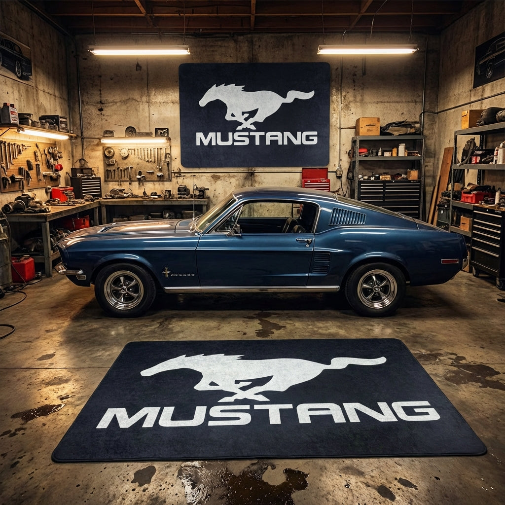 Ford Mustang Logo Workshop Rug - 5x7 ft Premium Non-Slip Garage Floor Mat & Wall Hanging