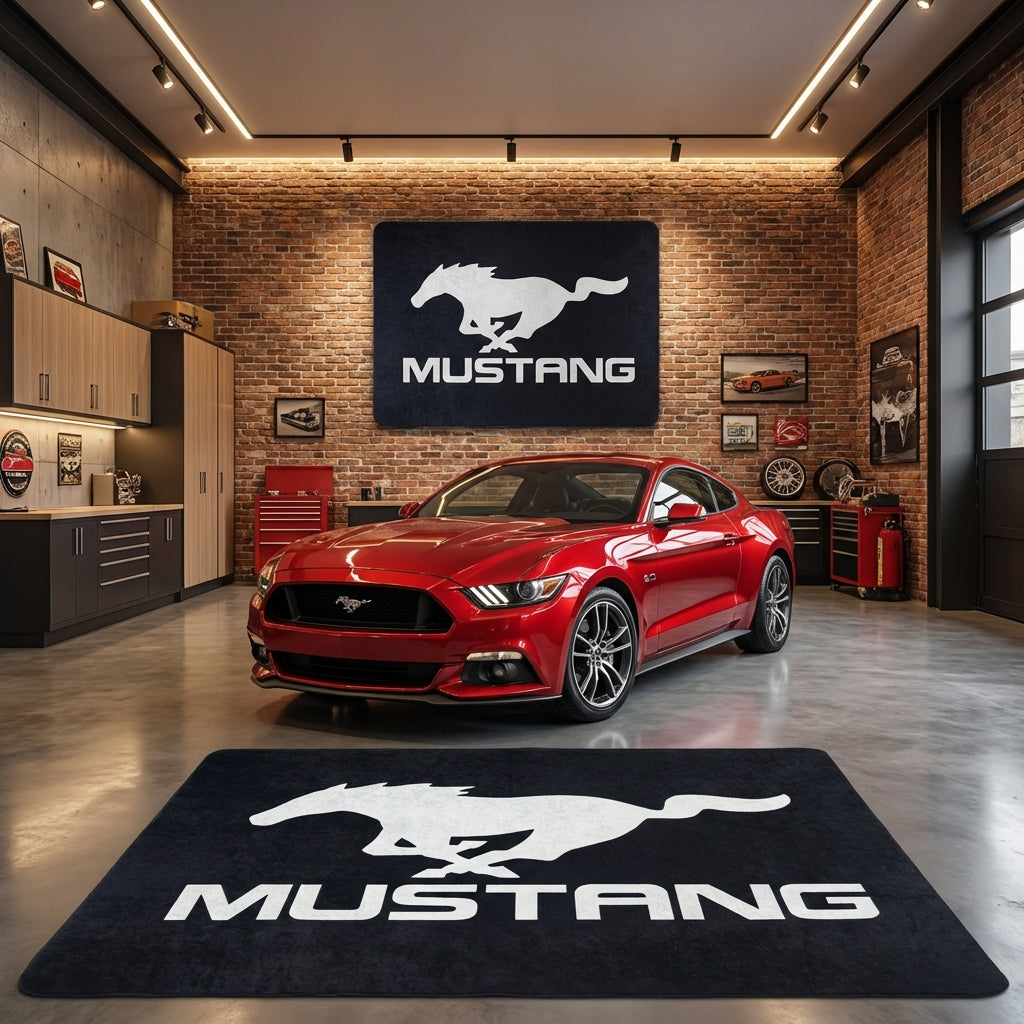 Ford Mustang Logo Workshop Rug - 5x7 ft Premium Non-Slip Garage Floor Mat & Wall Hanging