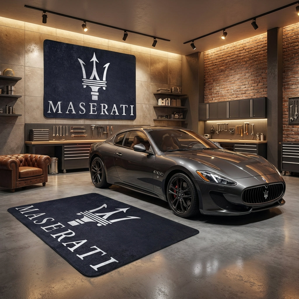Maserati Trident Luxury Workshop Rug - 5x7 ft Premium Non-Slip Garage Floor Mat & Wall Hanging