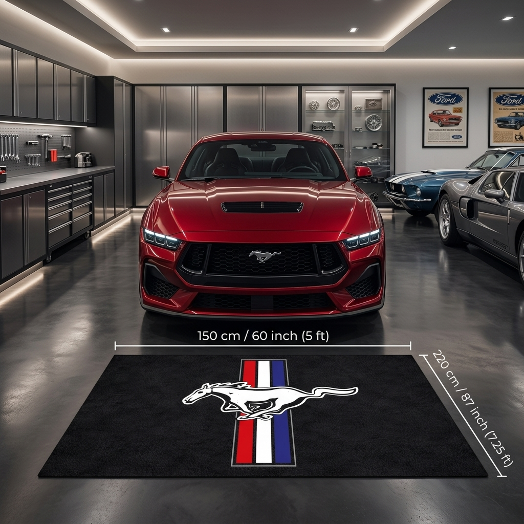 Ford Mustang Tri-Bar Garage Floor Mat - 5x7 ft (60x87") Non-Slip Area Rug / Wall Decor