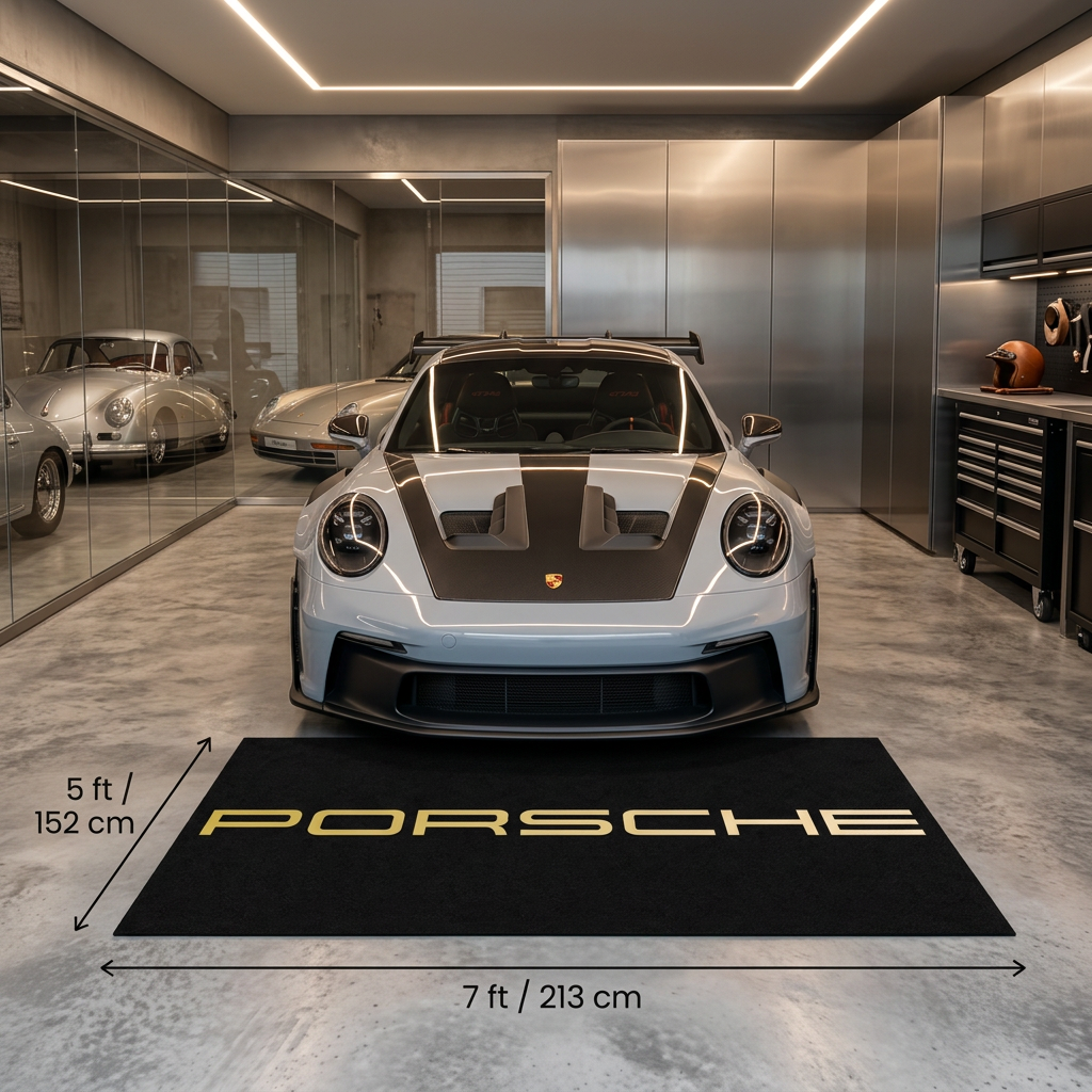 Porsche Wordmark Garage Floor Mat - 5x7 ft (60x87") Non-Slip Area Rug / Wall Decor