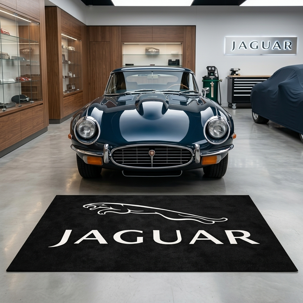 Jaguar garage floor mat, 5x7 ft (60x87"), iconic leaping cat emblem and JAGUAR wordmark in white on black background with dimensions shown.