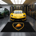 Lamborghini garage floor mat, 5x7 ft (60x86"), full Raging Bull shield crest in gold and navy on black background with dimensions shown.