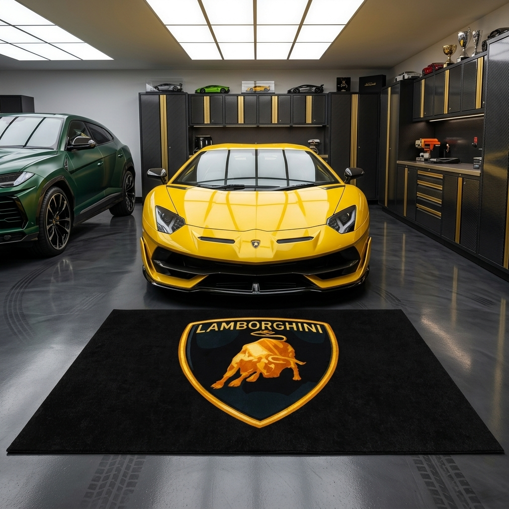 Lamborghini garage floor mat, 5x7 ft (60x86"), full Raging Bull shield crest in gold and navy on black background with dimensions shown.