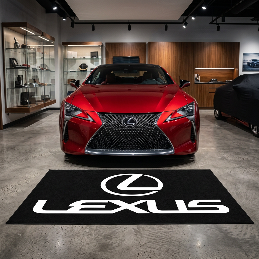 Lexus garage floor mat, 5x7 ft (60x87"), iconic Lexus L spindle emblem and LEXUS wordmark in white on black background with dimensions shown.