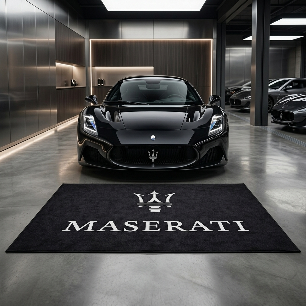 Maserati garage floor mat, 5x7 ft (60x87"), white Maserati Trident crest and wordmark on black background with dimensions shown.
