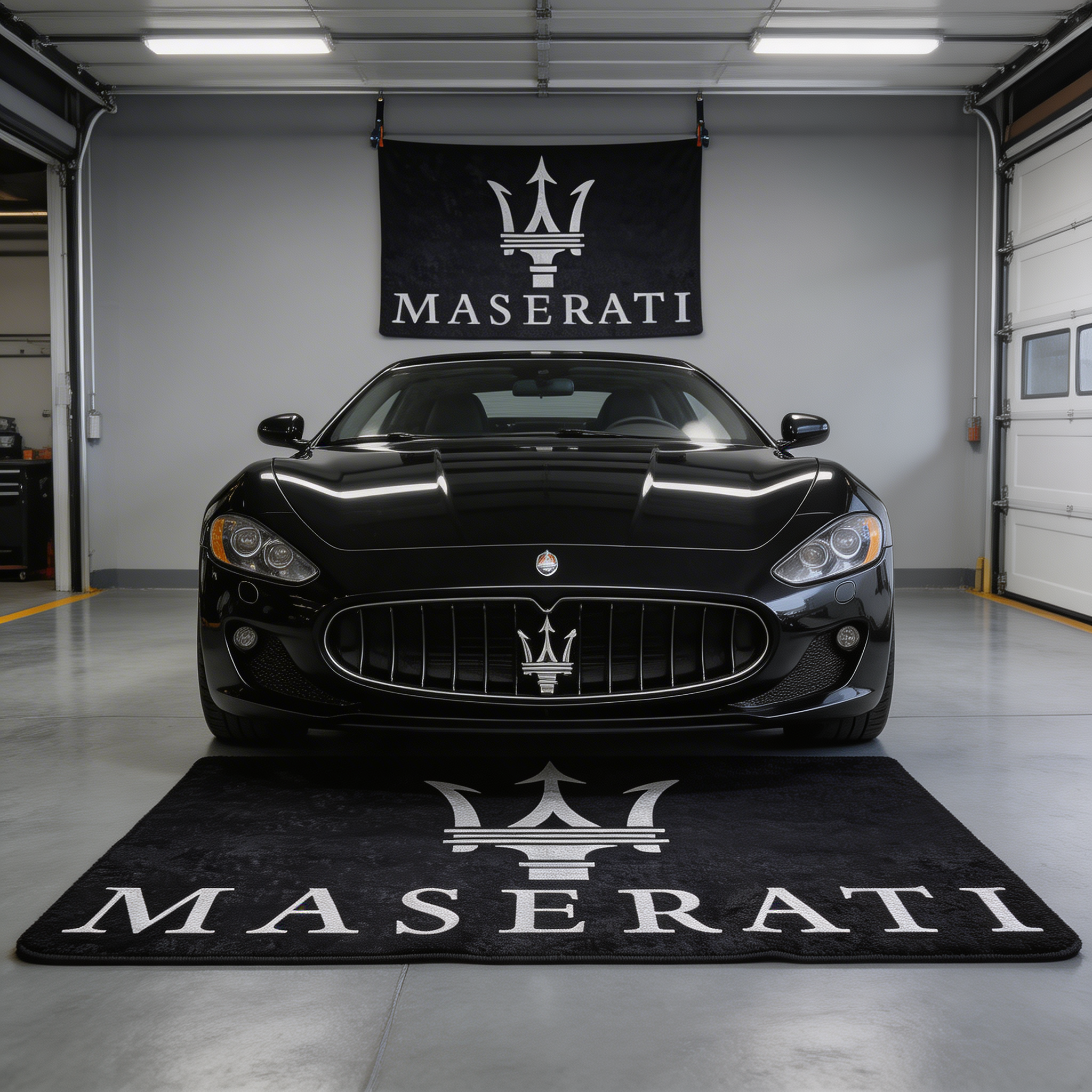 Large Maserati trident logo floor rug, 5x7 ft (approx. 150x220cm), with non-slip backing, displayed in a high-end luxury garage.