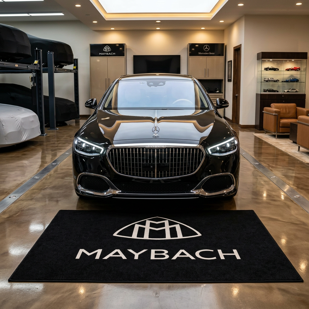 Maybach garage floor mat, 5x7 ft (60x87"), iconic Maybach double-M emblem and MAYBACH wordmark in cream white on black background with dimensions shown.
